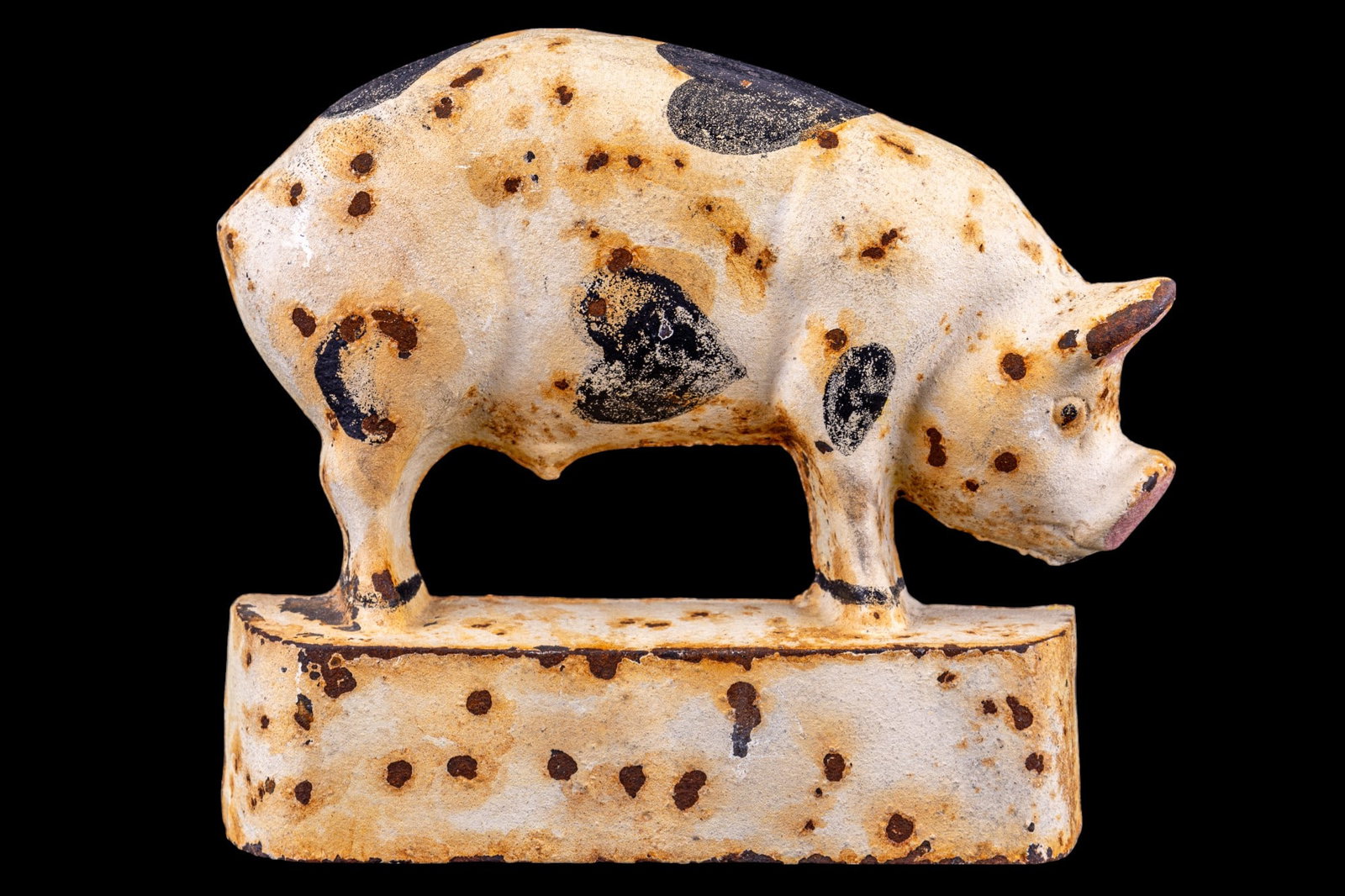 Rare Antique Hubley Figural Pig Cast Iron Doorstop: Approx. 6.5" high x 7" wide x 1.5" deep. A rare and antique Hubley figural pig cast iron painted doorstop. "Hubley" can be read on back. Nicely painted, some loss to paint as seen in photography.