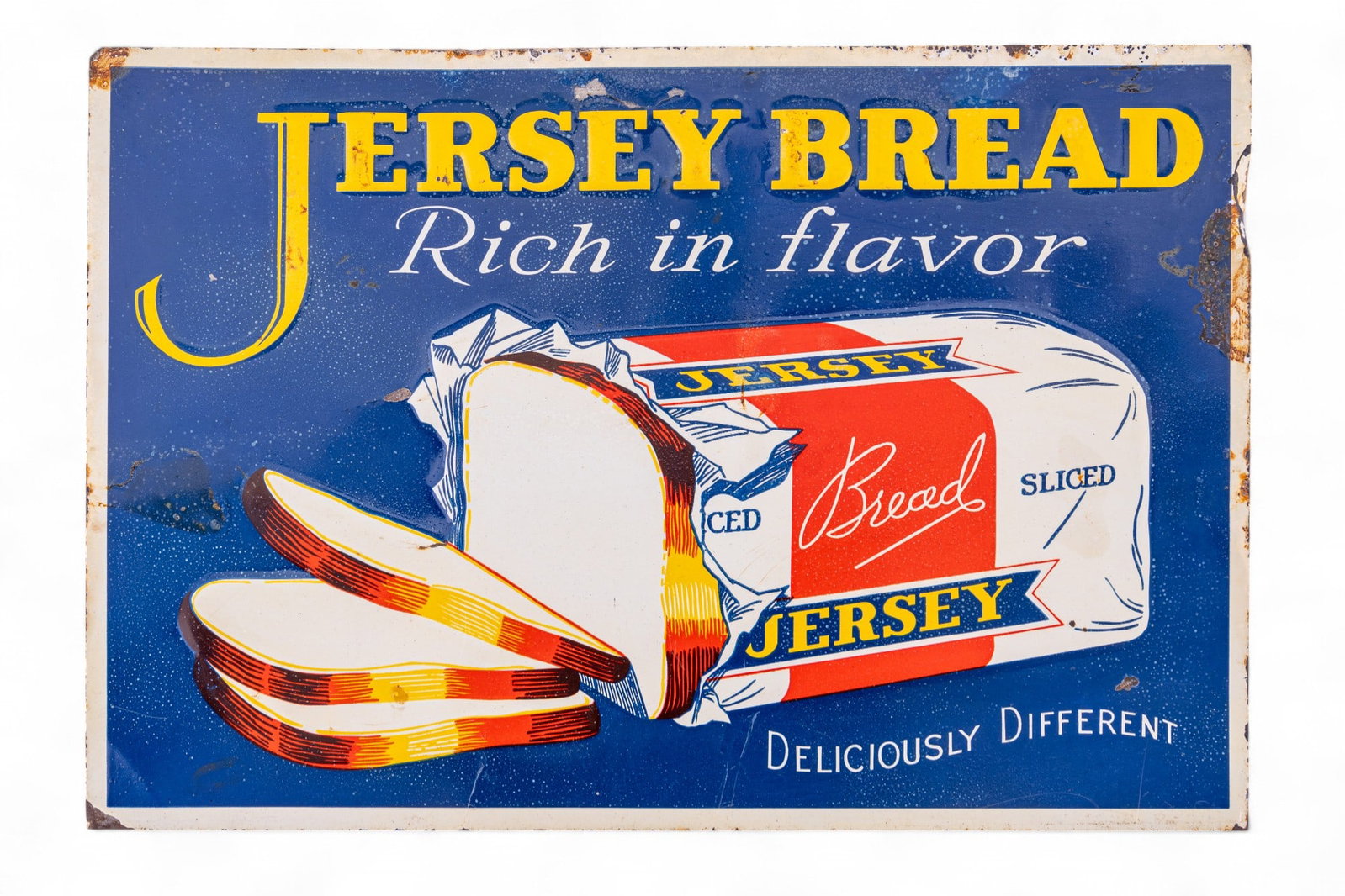 Jersey Bread Vintage Metal Advertising Sign: A vintage metal advertising sign by Jersey Bread with some wear as seen in photography. Measures approx. 9.75" wide x 6.5" high.