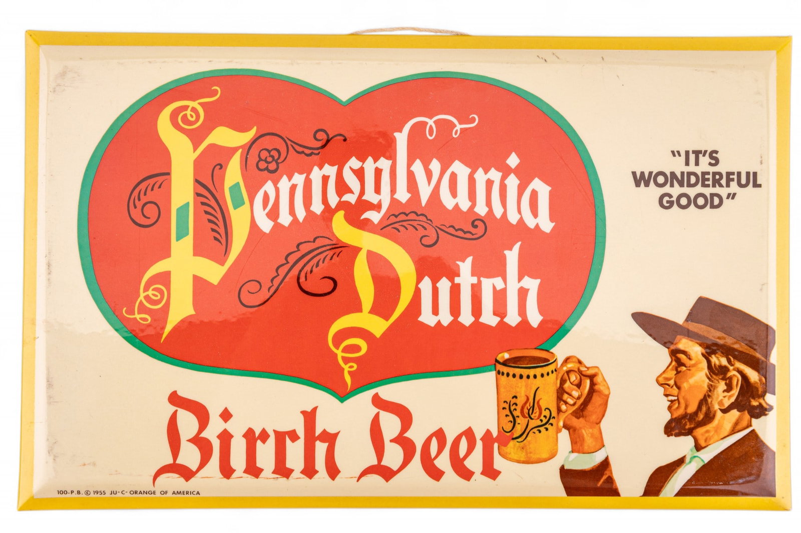 1955 Pennsylvania Dutch Birch Beer Sign: A Pennsylvania Dutch birch beer sign from 1955, tin over cardboard. Measures approx. 14.75" x 9.25".