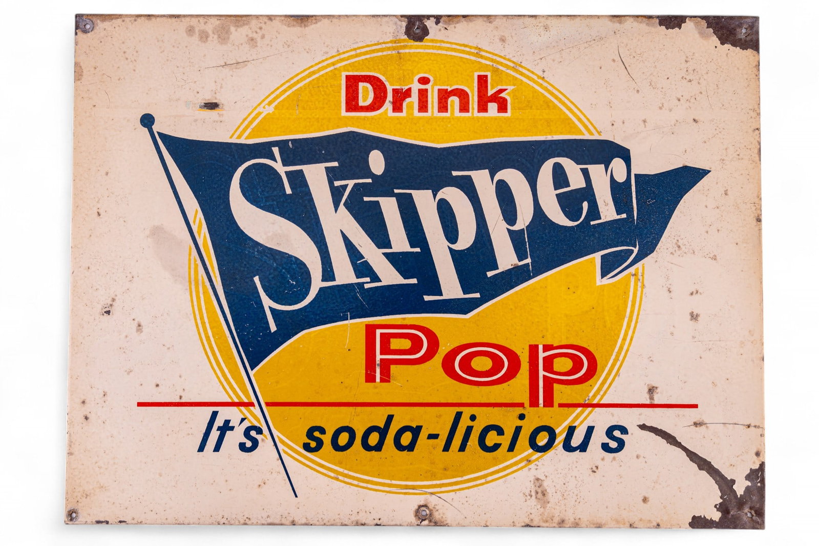 Vintage Skipper Pop Sodalicious Metal Sign: A vintage Skipper pop metal painted sign measuring approx. 14.25" x 19.25". Rare sign on heavy gauge steel. Some oxidation as seen in photos.