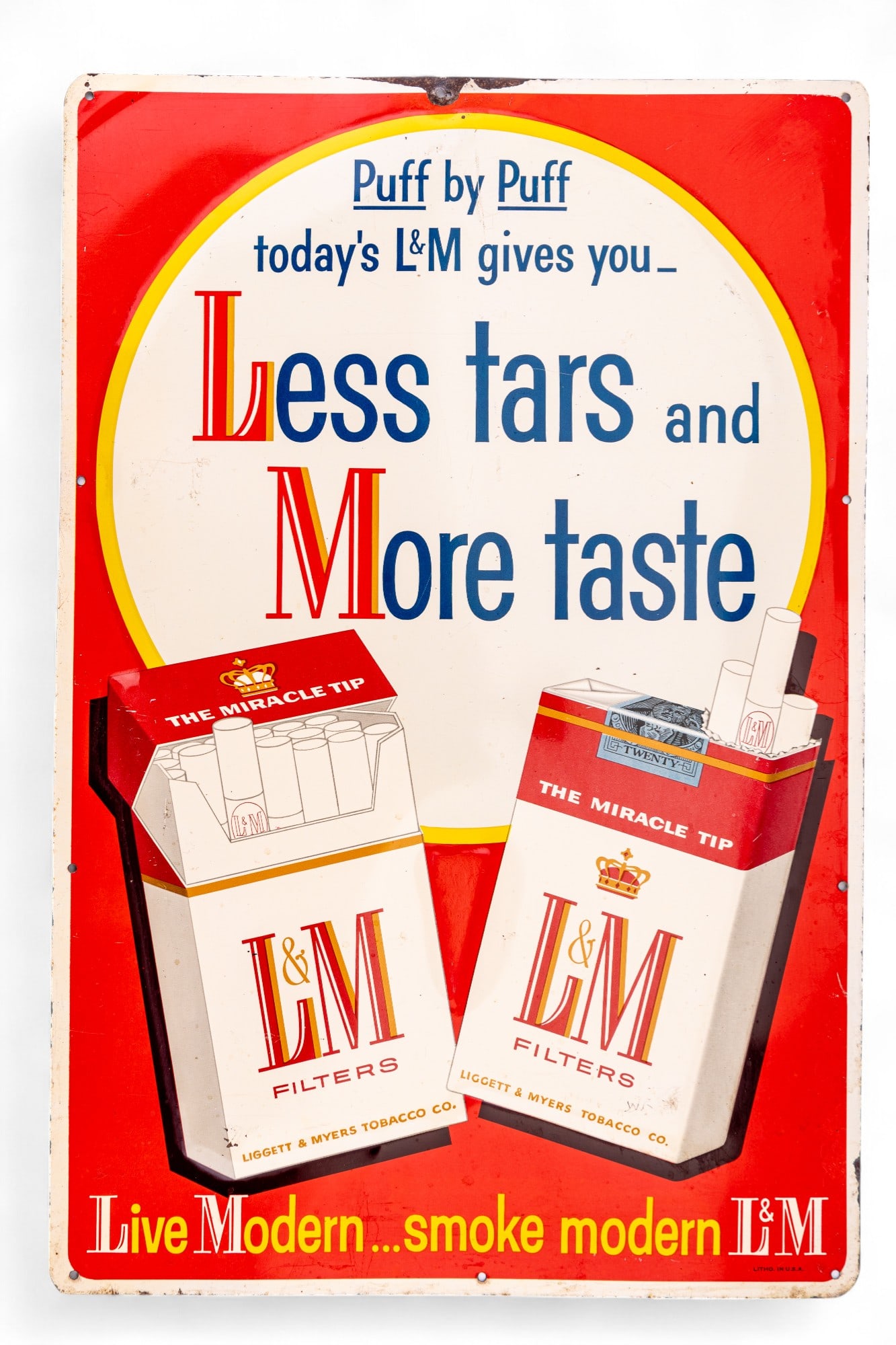 Vintage L&M Metal Cigarette Sign: A vintage L&M metal cigarette sign measuring approx. 17.75" x 11.75". Overall good condition, some loss to paint.