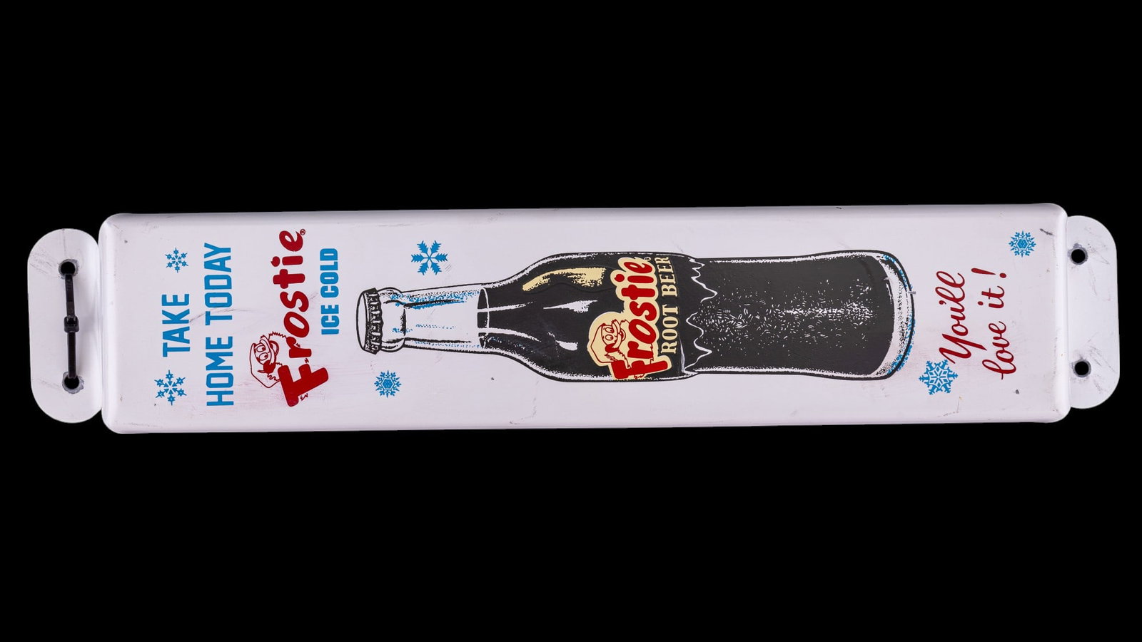 Frostie Root Beer Metal Door Push Sign: A Frostie Root Beer metal door push sign measuring approx. 2.75" x 13.5" x 1.25". Item in very good condition. Minor loss to paint as seen in photography.