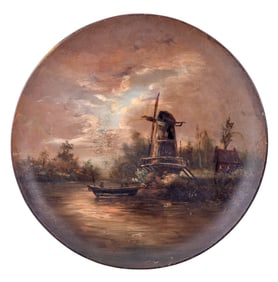 19th C Dutch Pottery Handpainted Charger, Windmill
