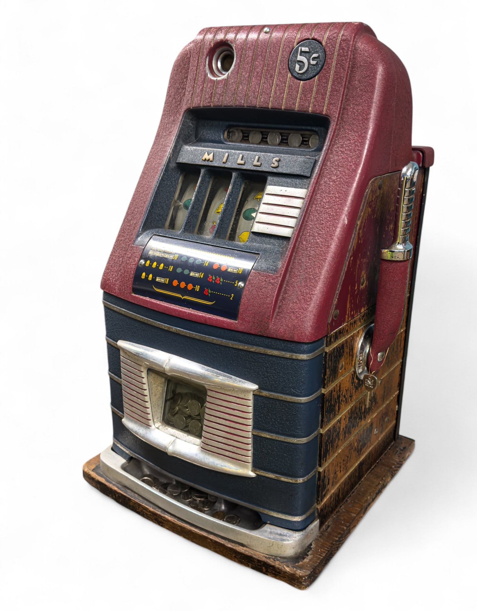 Mills Jewel Bell High Top 5 Cent Slot Machine: Mills Novelty Co. Jewel Bell High Top 5 cent slot machine c. 1940s, key included opens back panel, measures approx. 16" W x 15" D x 27" H, composed of metal and wood, in working condition, note there