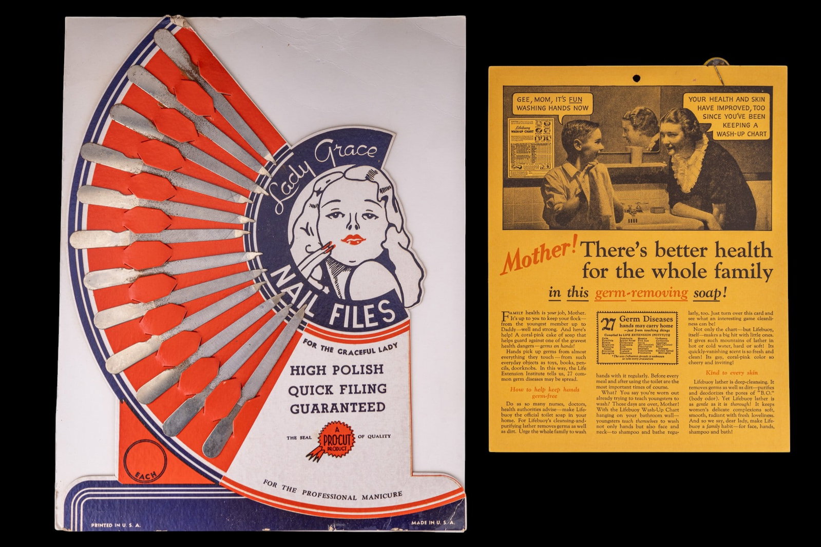 Lady Grace Nail Files Display and Lifebuoy Chart: An early 20th C Lady Grace nail file retail sale display, including 12 nail files, and a Lever Lifebuoy soap brand Wash-Up chart hygiene tracker and Heath Guard pin back, copyright 1934.