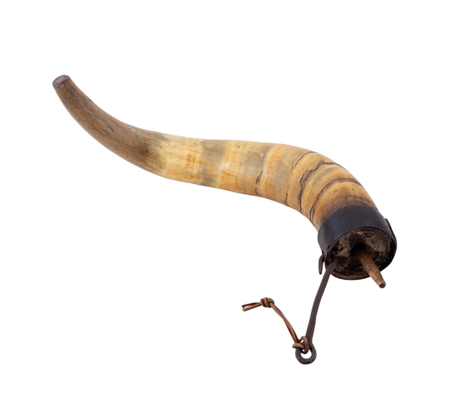 Large Antique Powder Horn (20" Long): A large antique powder horn measuring approx. 20" from tip to top, with approx. 3.25" diameter at top. Item is in good condition, peg cap present, metal housing at top of horn.
