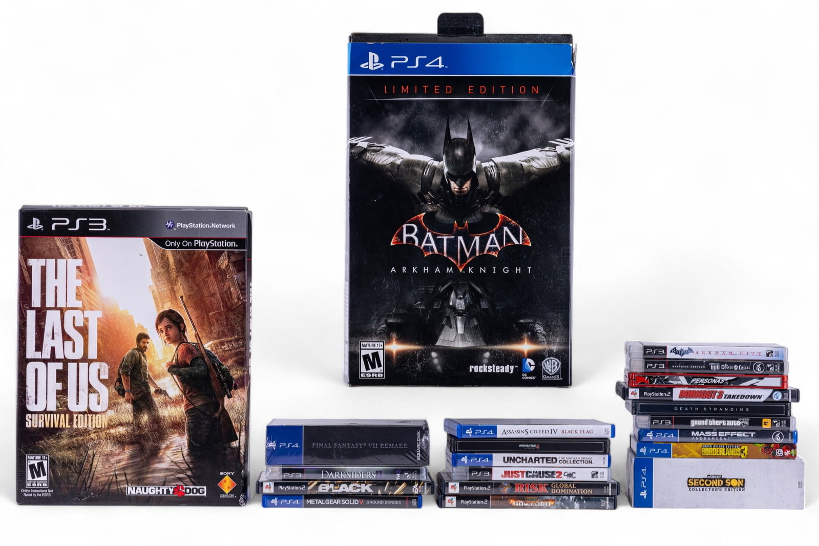 Playstation Collectibles, Games, Limited Edition: Grouping includes a Batman PS4 Arkham Knight limited edition light up statue in original box and packaging, The Last of Us Survival Edition unopened with patch, Assasin's Creed 4, Death Stranding Spec