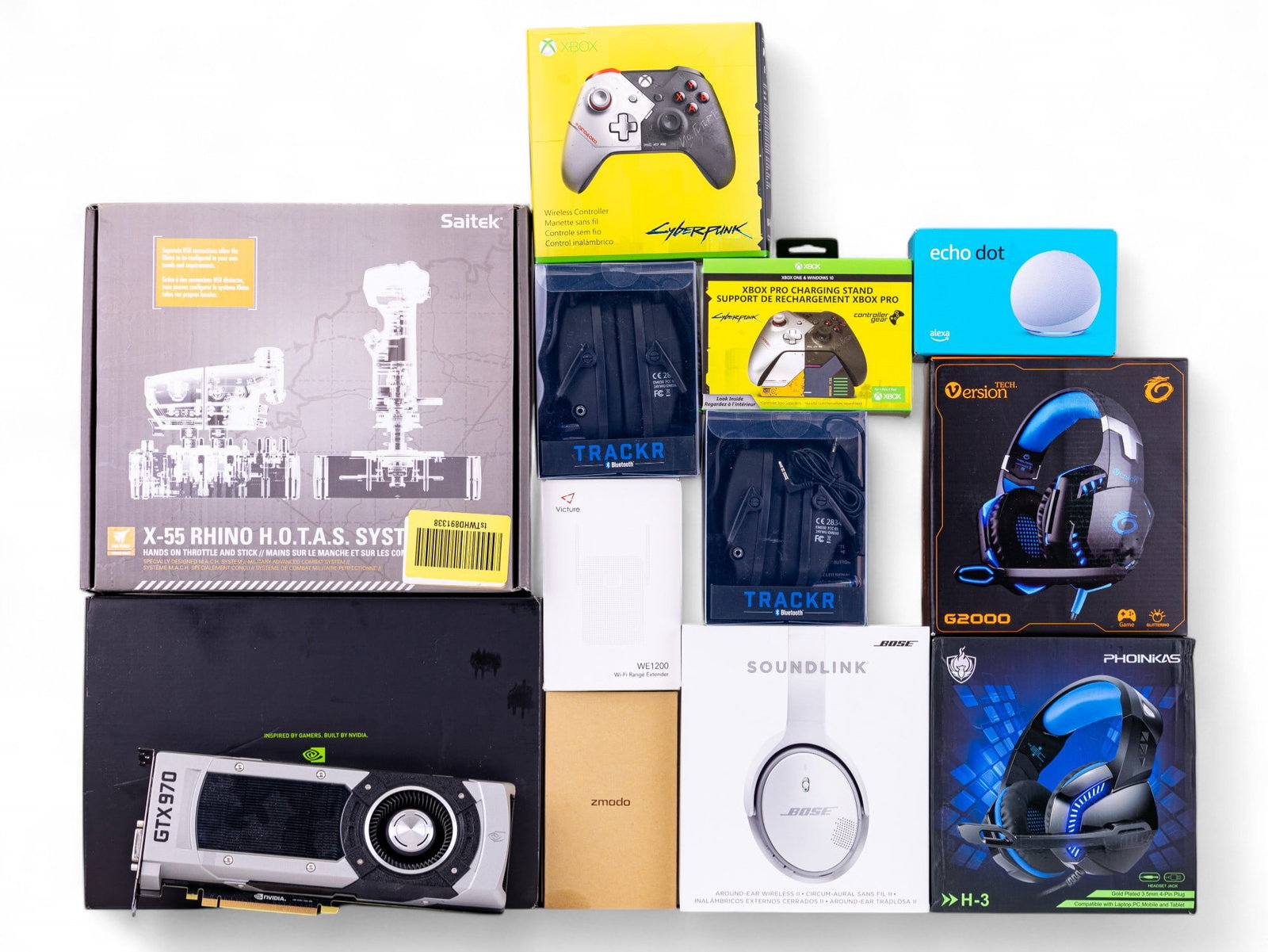 Amazon Echo Dot, Gaming Headsets, Bose, Cyber Punk: A collection of gaming headsets Nvidia GTX 970 GPU in original package, four gaming headsets, Z Moto wireless doorbell camera, Victor Wifi range extender, Amazon Echo Dot in box, Bose SoundLink head p