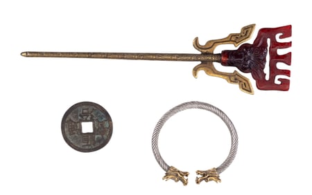 Chinese Amber Hair Pin, Bracelet, Coin
