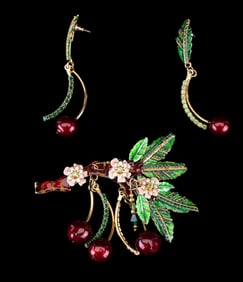 Lunch at the Ritz Cherry Enamel Brooch Earring Set