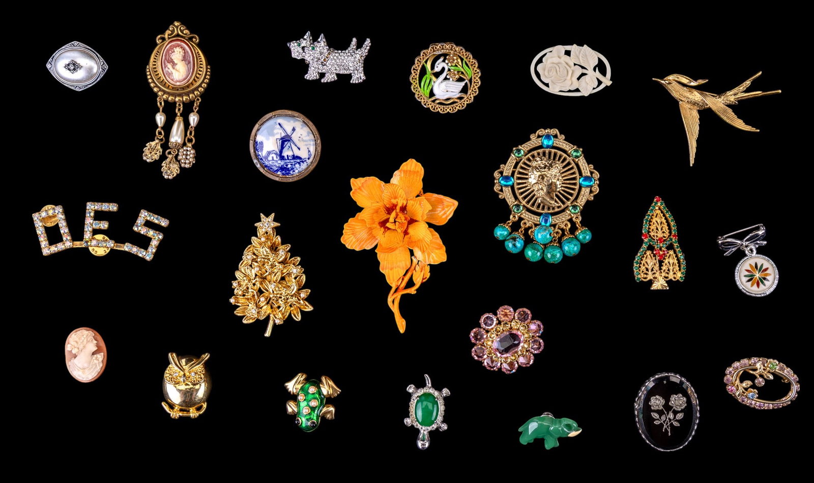 Figural, Crystal, more Brooches + Shell Cameo: Grouping includes Marvella enameled frog brooch/pin, an Austrian pink crystal glass circular brooch, figural animal brooches, rhinestone pins & brooches, Trifari figural gold tone bird brooch, Jan Mic
