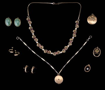 Gold Filled Vintage Jewelry, GF Jewelry: Grouping of gold filled jewelry with vintage pieces, including a vintage GF locket with fob, another vintage GF locket, multiple pairs of gold filled earrings with MOP, onyx & more.