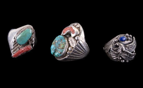 Navajo Sterling, Turquoise, Coral Rings (3 Pc.)