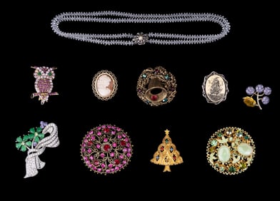 Austrian Crystal, Bone, Cameo, more Brooches