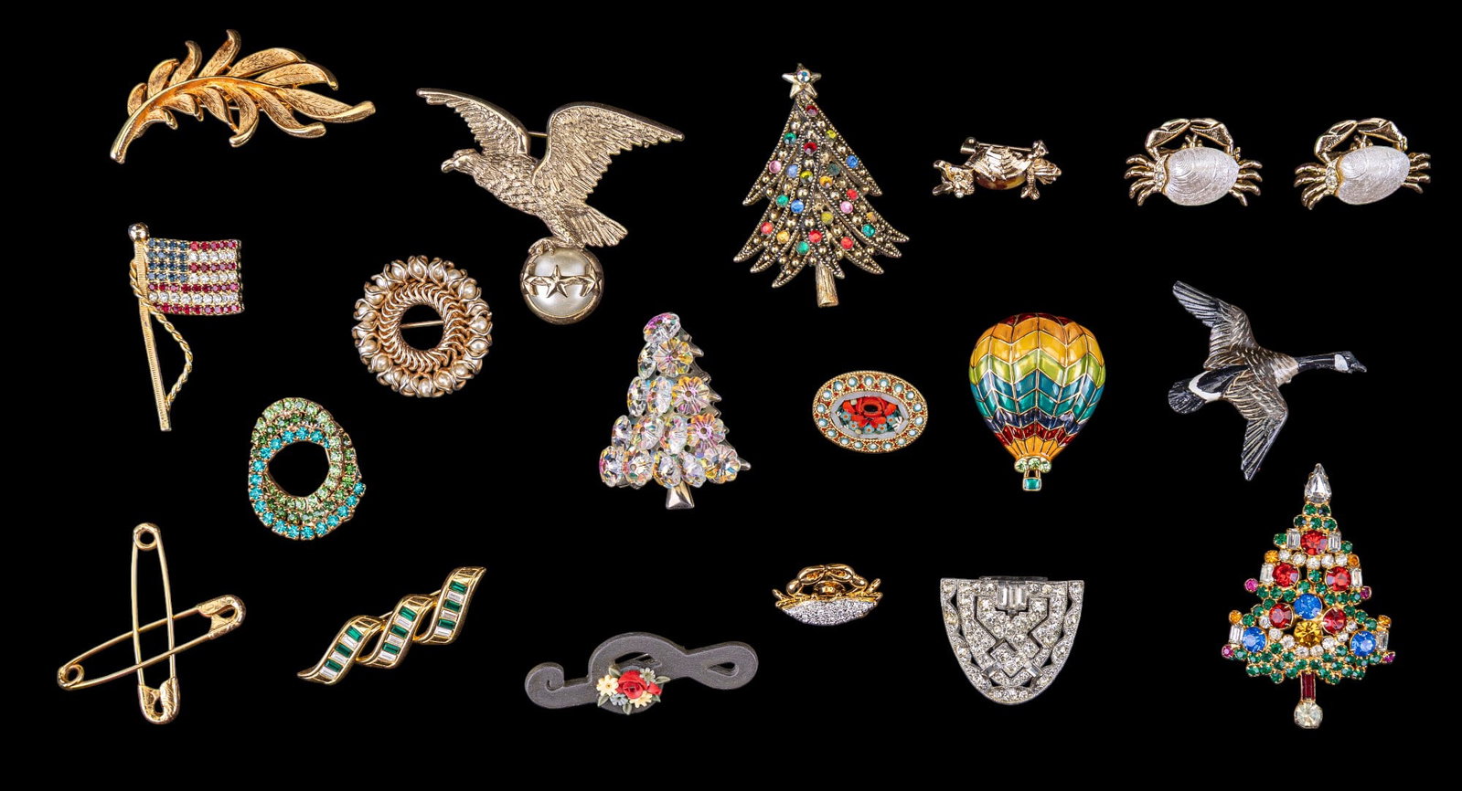 Hollycraft, Warner, Gerry's more Brooches: Grouping of pins & brooches including a Hollycraft multi-colored stone Christmas tree brooch, micromosaic floral oval pin, S.A.L marked green and white brooch, Gerry's figural owl brooch, J.J leaf bro