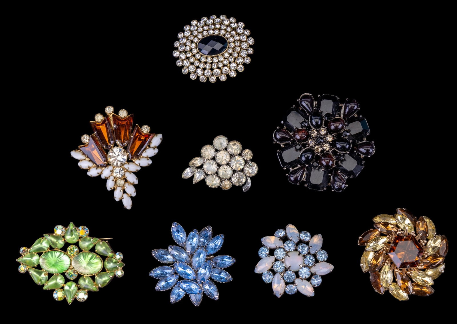 Mid Century and Contemporary Rhinestone Brooches: collection of mid century and contemporary rhinestone brooches, one marked Monet.