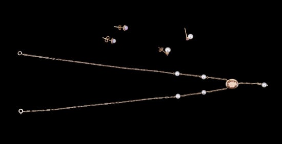 14K Gold Cameo Necklace, Semi-Precious Earrings