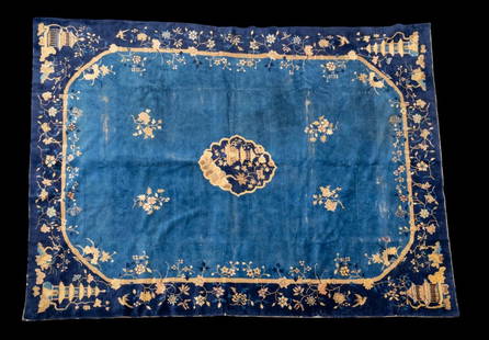 Antique Chinese Art Deco Rug ~9'x 11.5': Antique Chinese Art Deco rug approx. 9'1" x 11'6" w/ navy blue, royal blue livid bluish-gray, tan, light brown, & white patterns w/ pagoda, pavilion, bird, & floral motifs. Repair on pile approx. 7" l