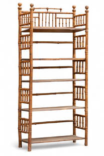 Antique Bamboo 5-Shelf Bookrack: Antique Bamboo 5-Shelf Bookrack / Bookshelf measuring approx 56" h x 25" w x 11.5" d.