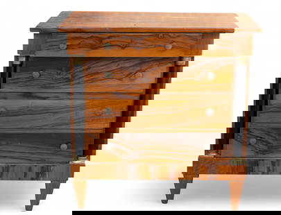 Biedermeier Style Salesmen Sample Chest: Miniature Biedermeier Style or 19th C French Empire style chest of drawers two-tone wood, 4 drawers, brass accents, side pillars / Salesmen Sample chest measuring approx. 19.75" l x 19.75" x 11.5"