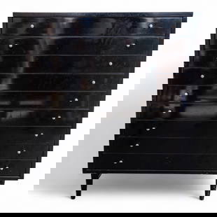 American of Martinsville Lacquered Dresser: Marked American of Martinsville mid century black lacquered 5-drawer dresser / chest of drawers measuring approx. 42" h x 36.6" w x 20" d.