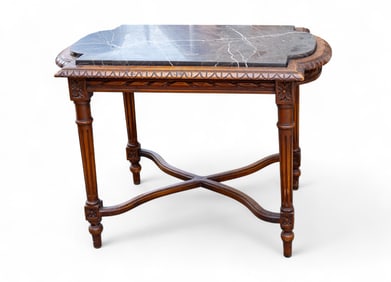 French Carved Walnut Black Marble Occasional Table