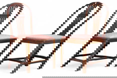 Pair of Period Hepplewhite Side Chairs: A pair of period Hepplewhite chairs each measuring approx. 36.5" h x 21" w x 17.5" d.