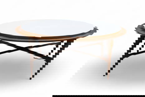 Mid Century Modern Coffee Table by Designer: Low round coffee table with natural wood color frame and white formica-like top. It is signed underneath edge and appears to read "Tomery". The base is in need of some restoration as seen in photograp