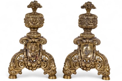 Antique 20C Rococo Style Brass Andirons