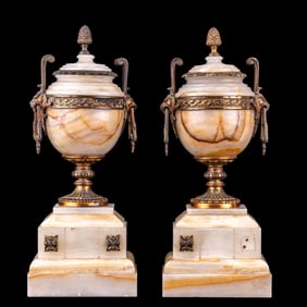 French Ormolu Bronze Onyx Lidded Urns
