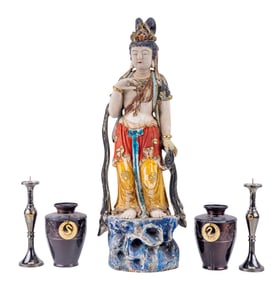 Hand Painted Wood Guanyin Carving & Early Vases +