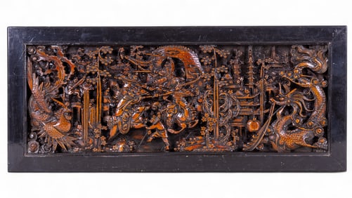 Chinese Wood Carved Battle Scene Panel