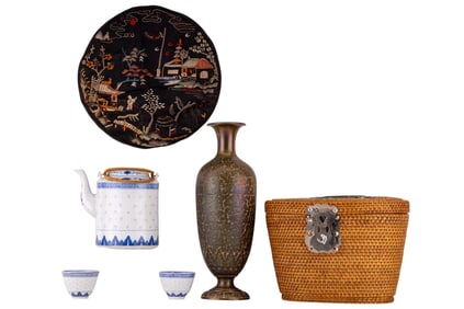 Early Asian Brass Vase, Tea Set, Silk Textile