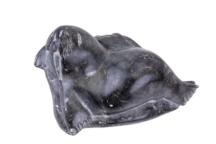 Signed Inuit Soapstone Walrus Sculpture