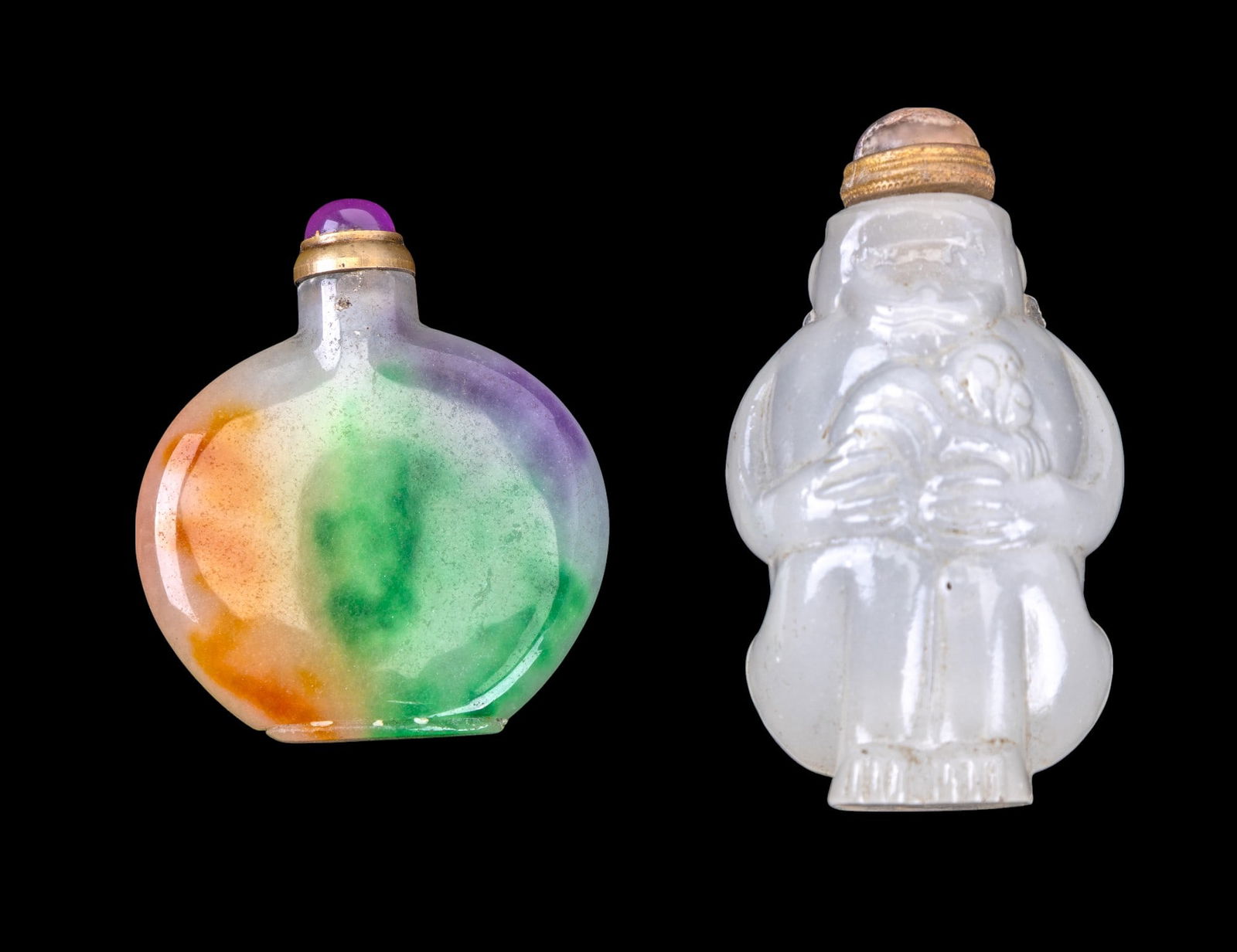 Multicolored Jade & Glass Monkey Snuff Bottles (2) (1 of 6)