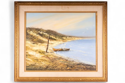 Signed Nautical Oil on Canvas w/ Rowboat