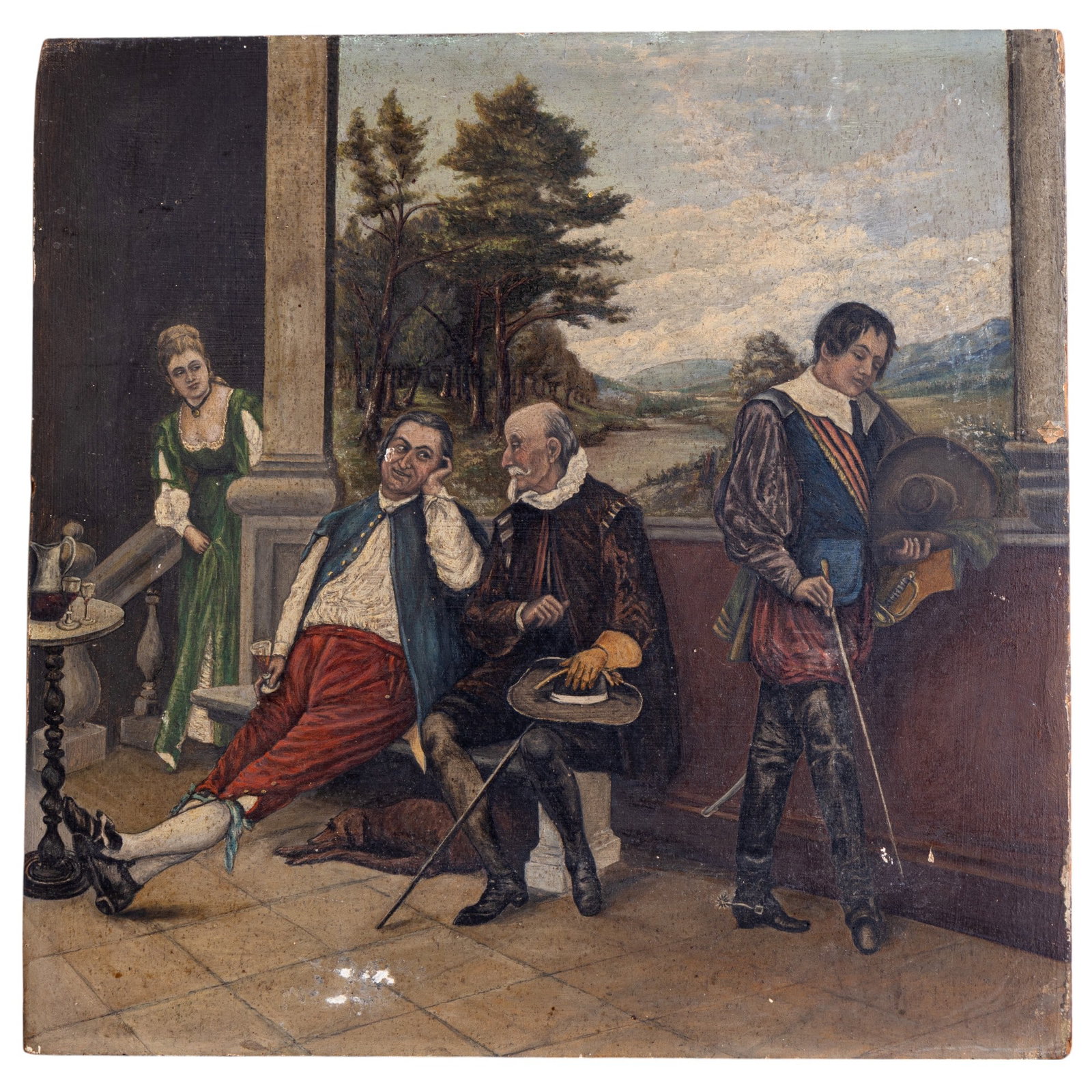 Early Realist Renaissance Scene, Oil on Board: An early realist renaissance scene in oil paint on board measuring approx. 14.5" square. Small amount of loss to paint seen in photography.