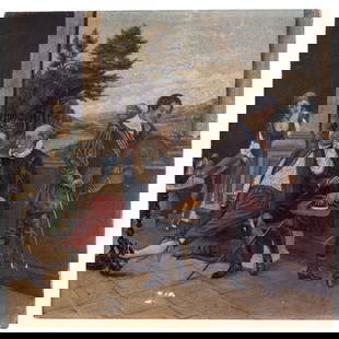 Early Realist Renaissance Scene, Oil on Board: An early realist renaissance scene in oil paint on board measuring approx. 14.5" square. Small amount of loss to paint seen in photography.
