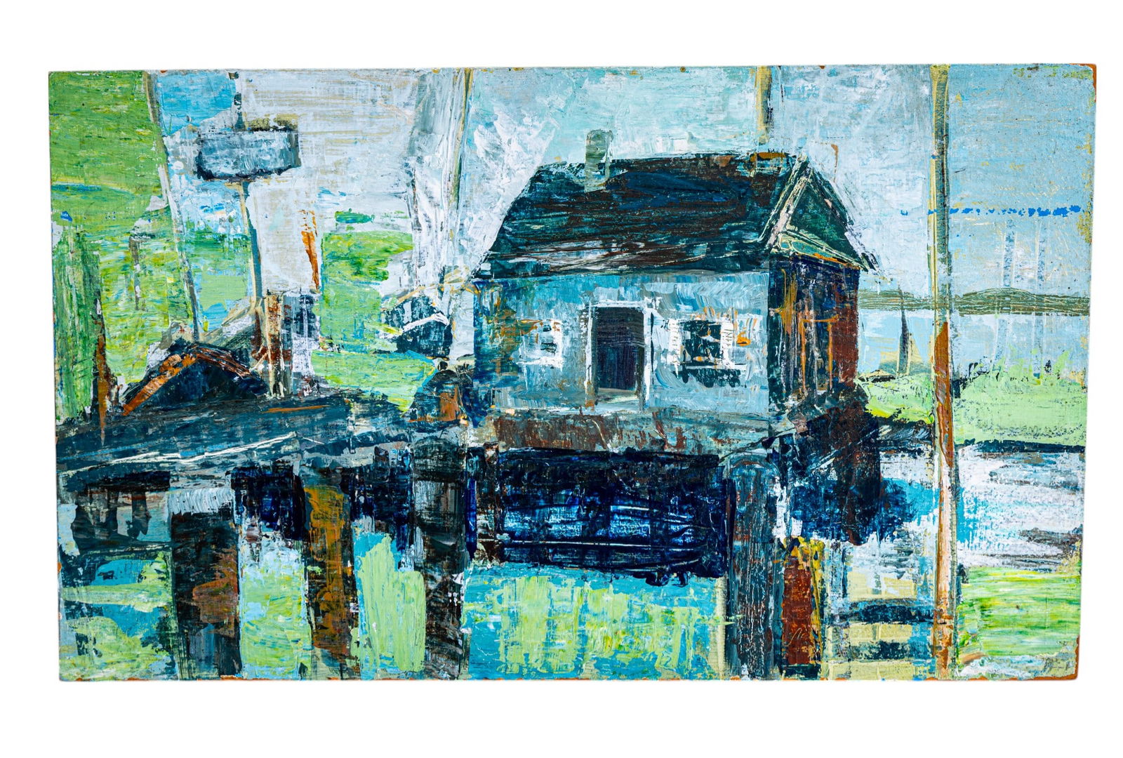 Impressionist Oil on Board, Home on the Water: Latex gesso on masonite impressionist oil painting depicting a home on the water. Ileligble signature on back as seen in photography, measures approx. 11.5" x 19.78".