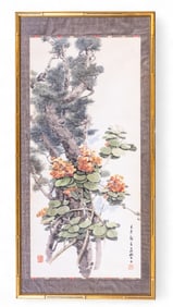 Chinese Framed Watercolor on Paper with Flowers