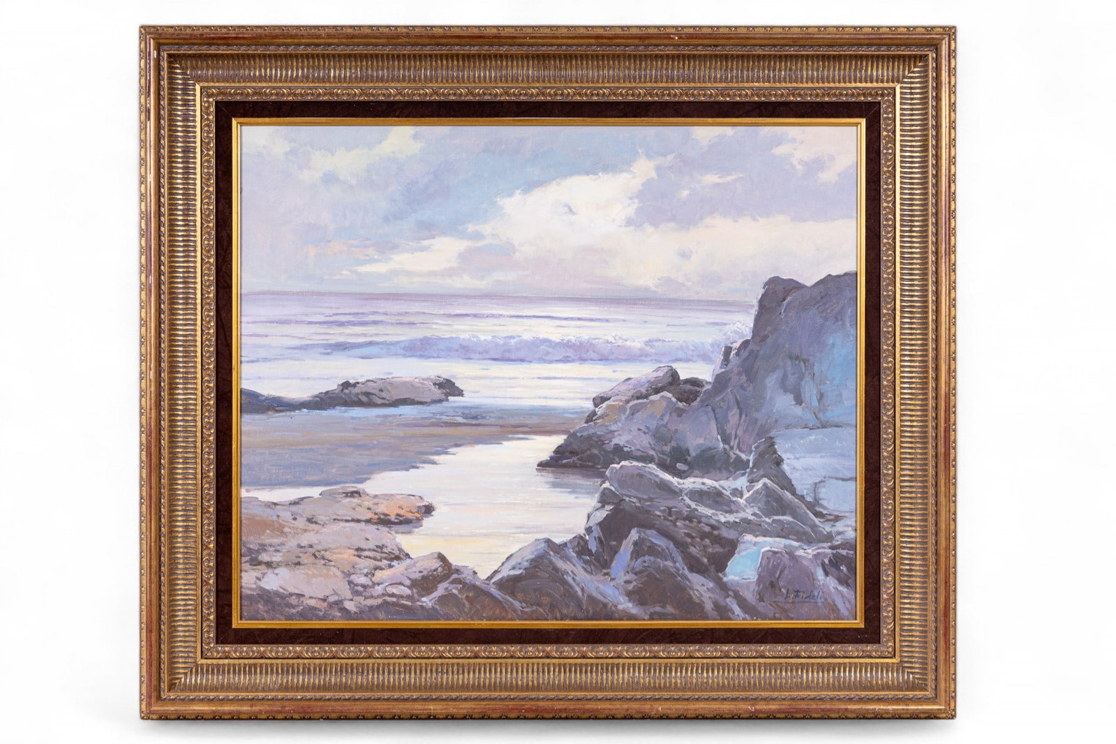 Signed Oil on Canvas, Beach Scene: Signed oil on canvas, scene depicts a rocky beach and a rough tide. Signed by L. Fideli (bottom right). Item measures approx. 42" x 36" OD in decorative frame.