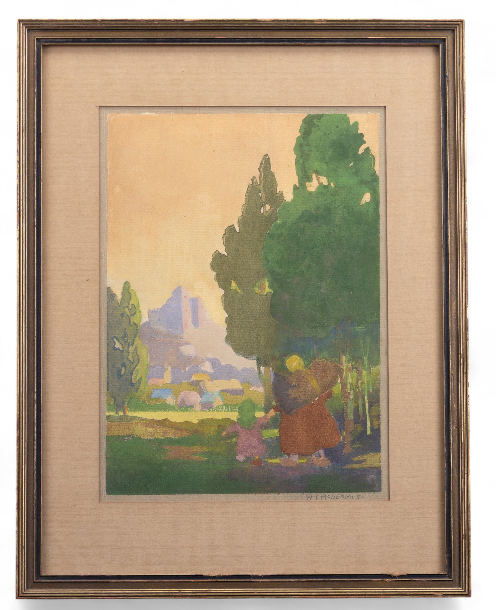 W.T Mcdermit Impressionist Watercolor: W.T Mcdermit Impressionist Watercolor, signed on bottom right. Depicts a woman with a a budle of sticks with her daughter. Painting measures approx. 18" x 13.5" OD.