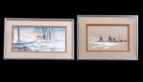 Grouping of 2 Winter Themed Signed Watercolors