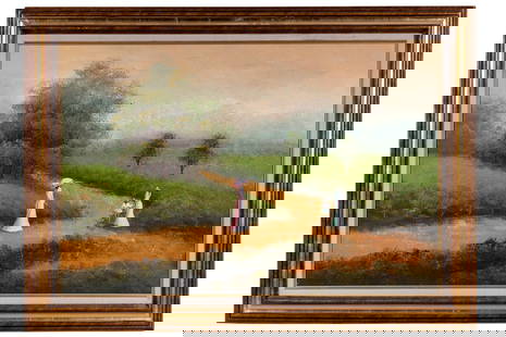 Landscape Signed Oil on Canvas Painting: An oil on canvas contemporary painting depicting 2 women and a young girl walking along a trail. It is signed but unclear. Painting measures approx. 31" H x 42" OD.