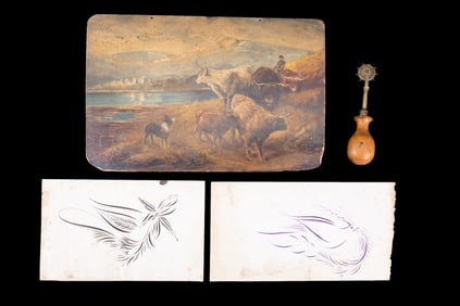 Antique Pie Krimper, Early Oil on Board, Sgraffito