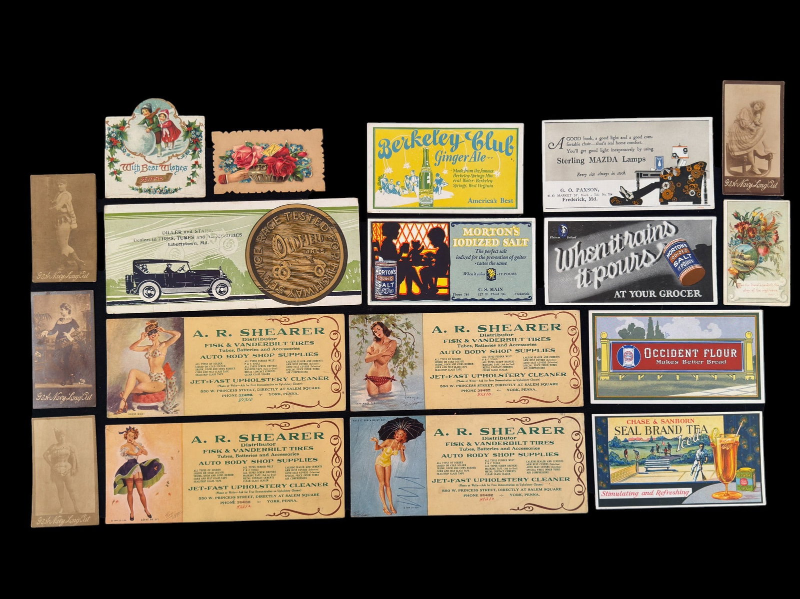 Early Advertising Pin-up Blotters and Cards: A grouping of early advertising blotters including some pin-up girl advertisements, Christmas themed and more. Pin-up girl advertisements are for A.R Shearer.