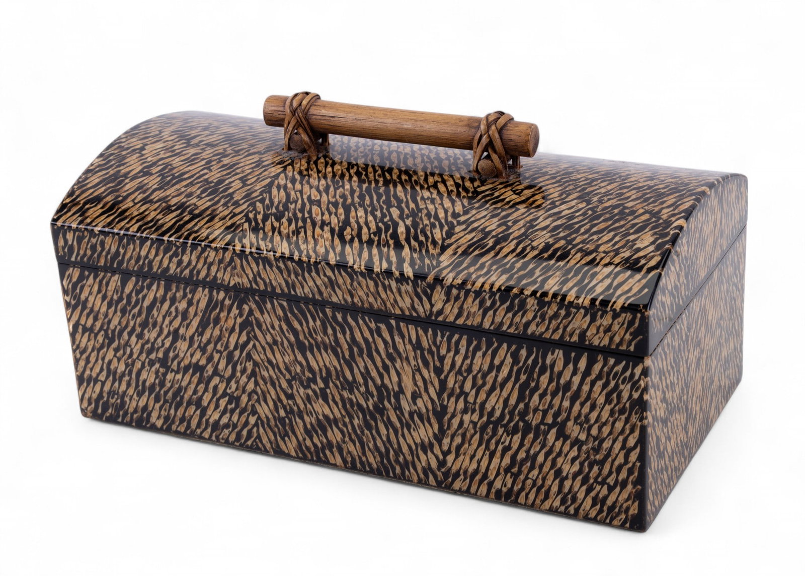 Palecek Lacquer Patterned Box: A Palecek laquer patterned box with wood handle and African infuence, measures approx. 7" H with handle, x 12" W x 6" D.