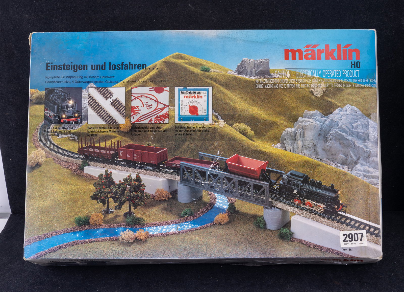 Marklin HO Scale Train set in Original Packaging: Vintage Marklin HO scale train car, track, and transformer set, in original styrofoam packaging, made in West Germany, appears to be complete but not verified, untested.