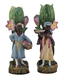 19th C Barbotine Majolica Blackamoor Vases (2)