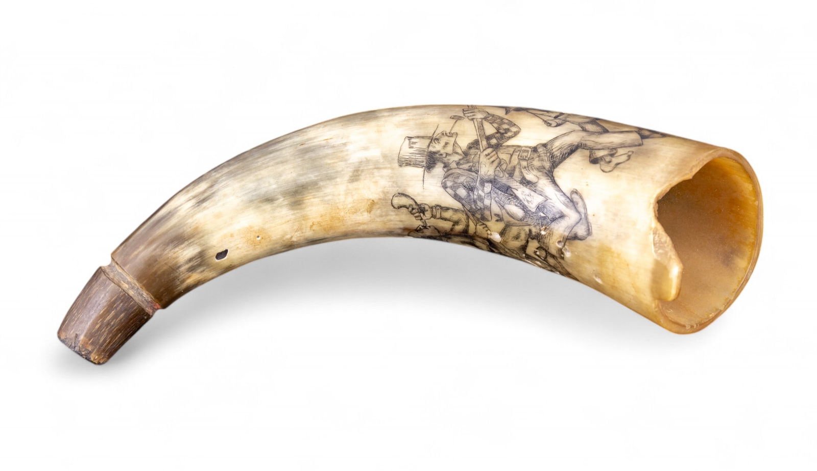 19C Folk Art Etched Powder Horn: A 19th century Folk art powder horn with etching. Some loss to horn, however excellent characitures, measuring approx. 10" L.